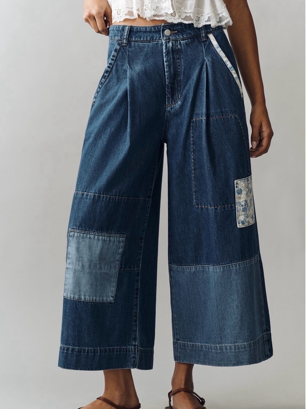 Anthropologie Pilcro Positano Patchwork Blue Wide-Leg Cropped Jeans - Picture 2 of 5
